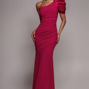 Goddiva One Shoulder Puffed Satin Sleeve Evening Maxi Dress - Magenta