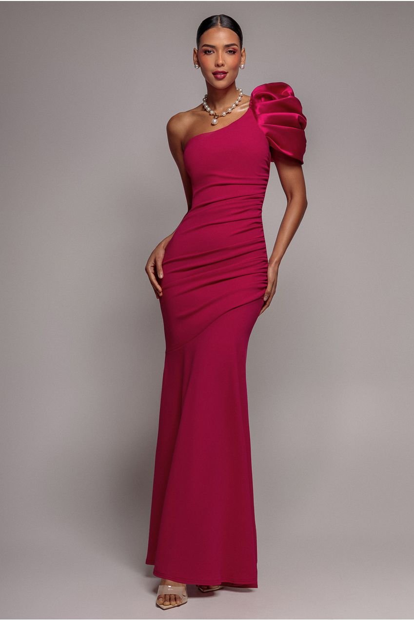 Goddiva One Shoulder Puffed Satin Sleeve Evening Maxi Dress – Magenta