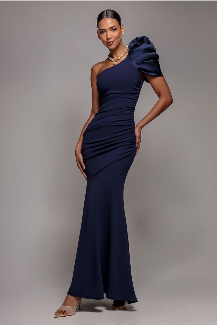 Goddiva One Shoulder Puffed Satin Sleeve Evening Maxi Dress – Navy Blue