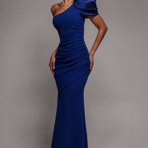 Goddiva One Shoulder Puffed Satin Sleeve Evening Maxi Dress - Royal Blue