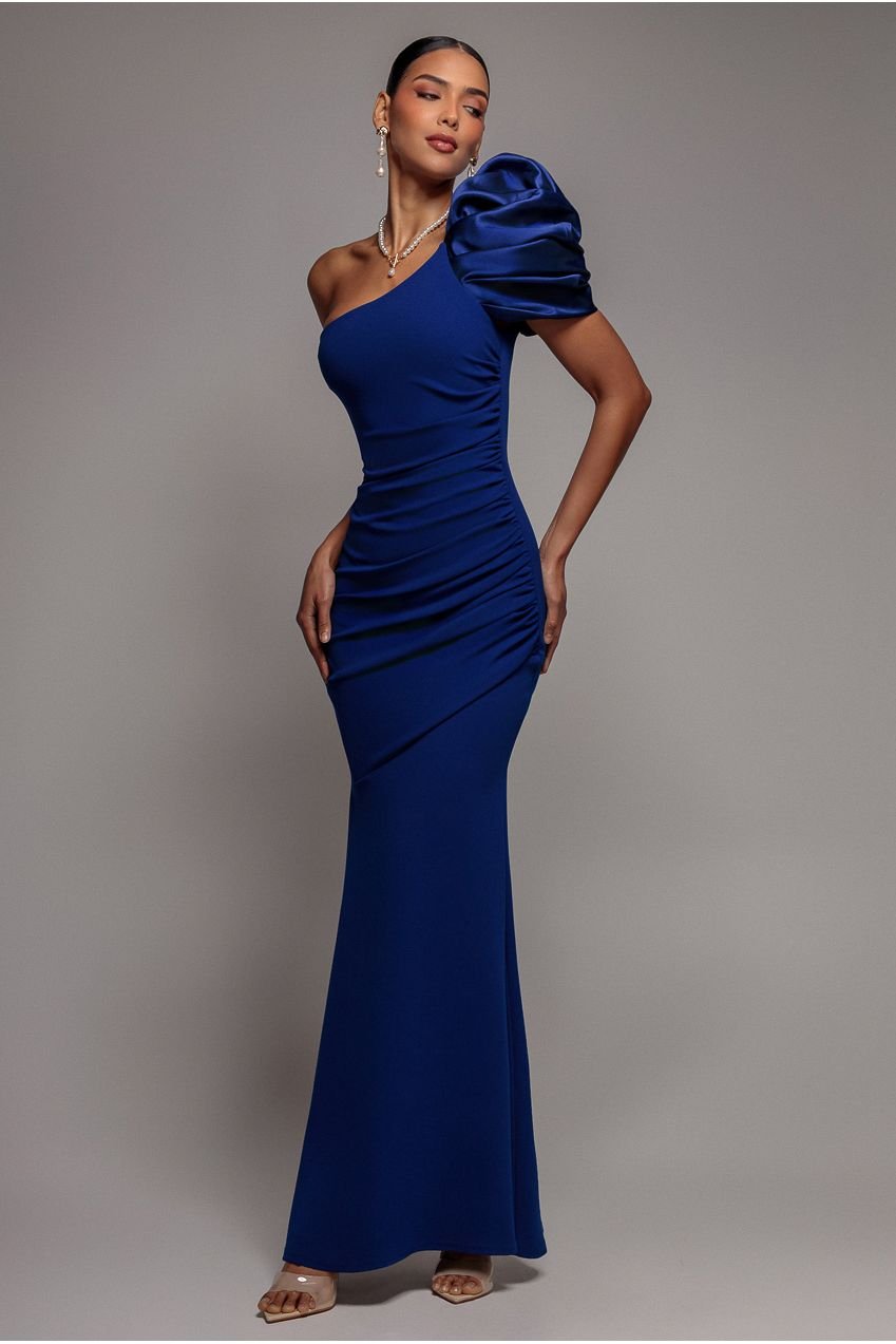 Goddiva One Shoulder Puffed Satin Sleeve Evening Maxi Dress – Royal Blue