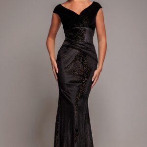 Goddiva Shimmer Velvet Bardot Maxi Dress - Black Gold