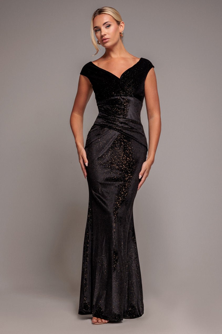 Goddiva Shimmer Velvet Bardot Maxi Dress – Black Gold
