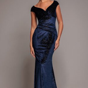 Goddiva Shimmer Velvet Bardot Maxi Dress - Navy