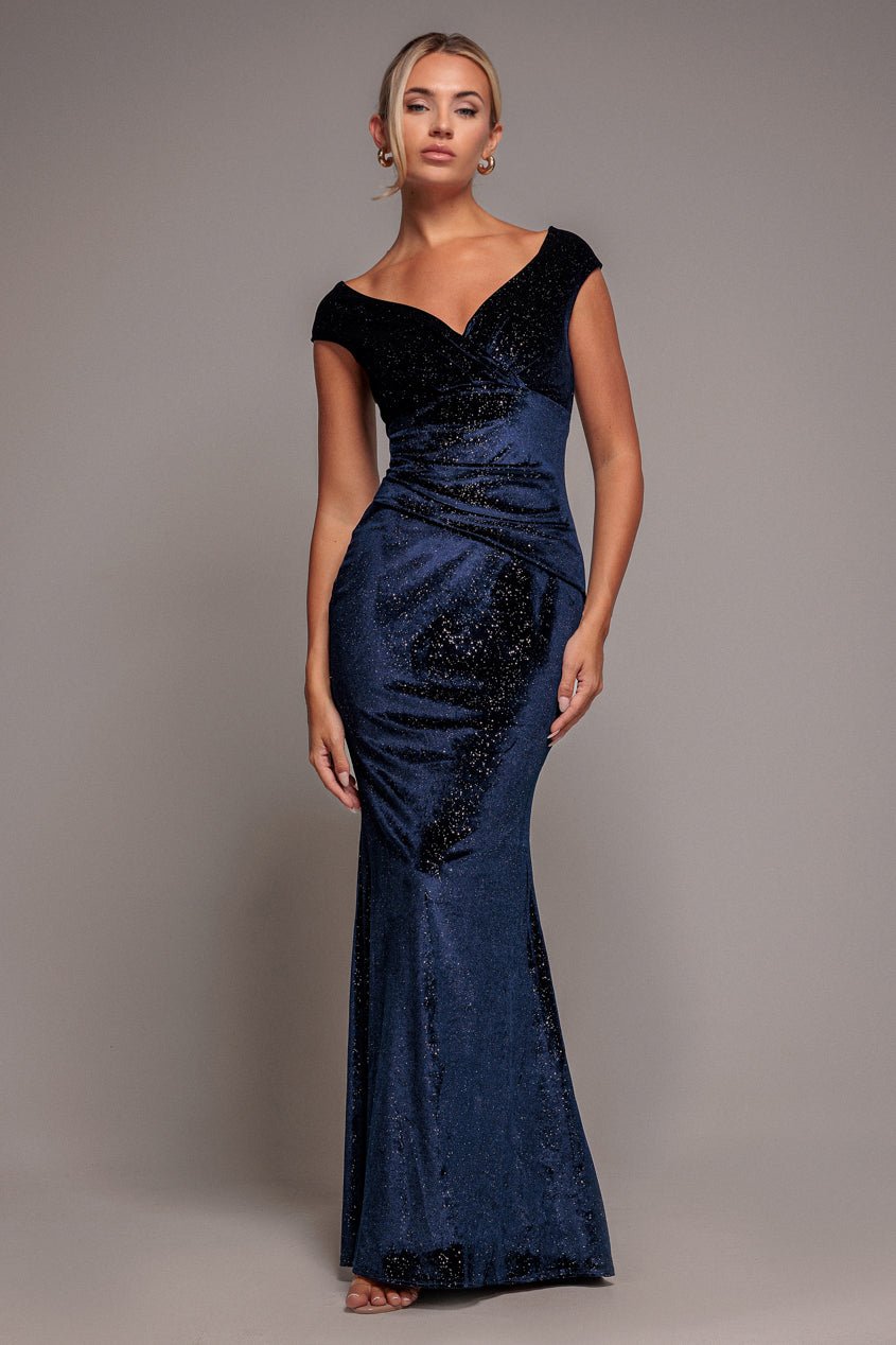 Goddiva Shimmer Velvet Bardot Maxi Dress – Navy