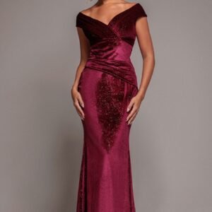 Goddiva Shimmer Velvet Bardot Maxi Dress - Wine