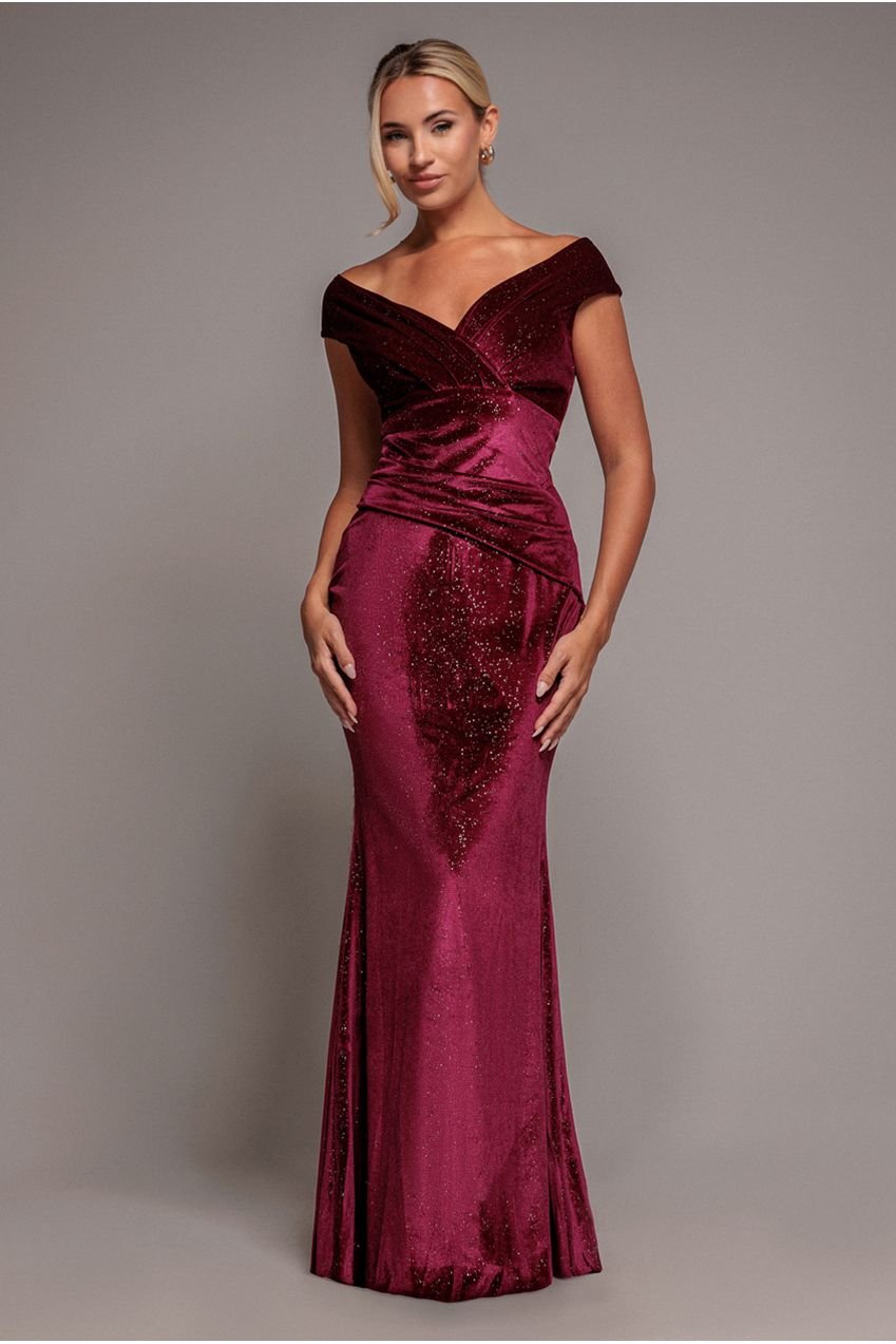Goddiva Shimmer Velvet Bardot Maxi Dress – Wine