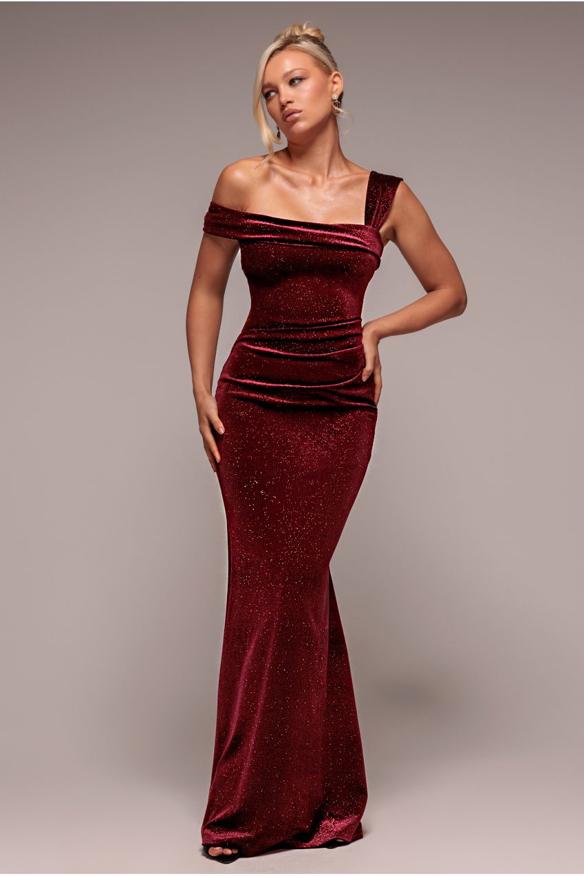 Goddiva Glitter Polka Dot Velvet One Shoulder Maxi Dress – Wine