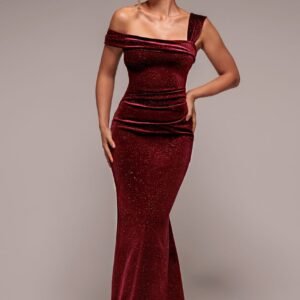 Goddiva Glitter Polka Dot Velvet One Shoulder Maxi Dress - Wine