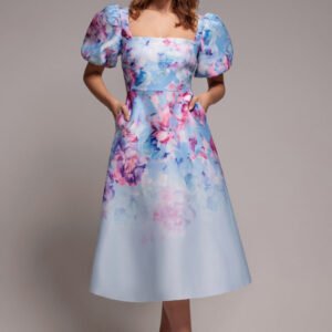 Goddiva Printed Scuba Square Neck Puff Sleeve Midi Dress - Blue