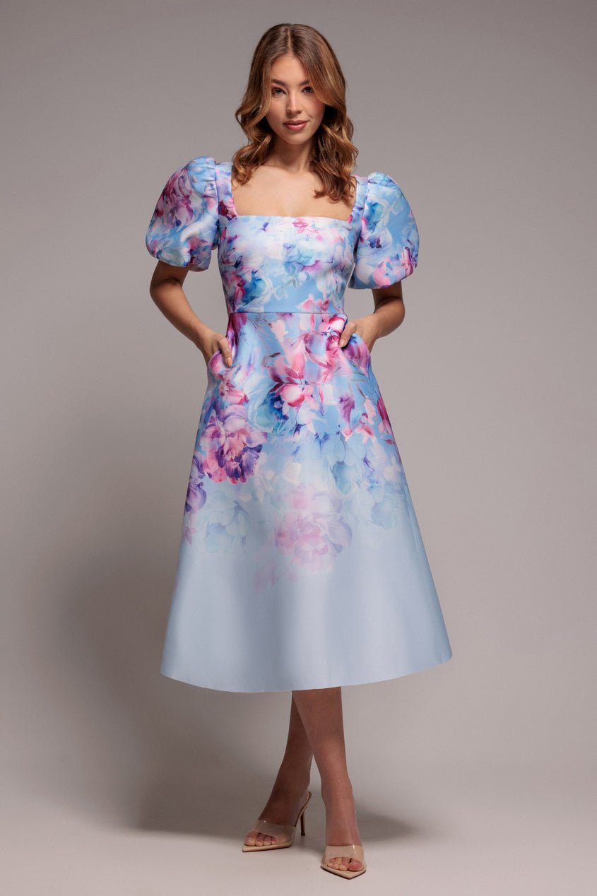 Goddiva Printed Scuba Square Neck Puff Sleeve Midi Dress – Blue