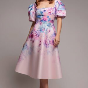 Goddiva Printed Scuba Square Neck Puff Sleeve Midi Dress - Blush Pink