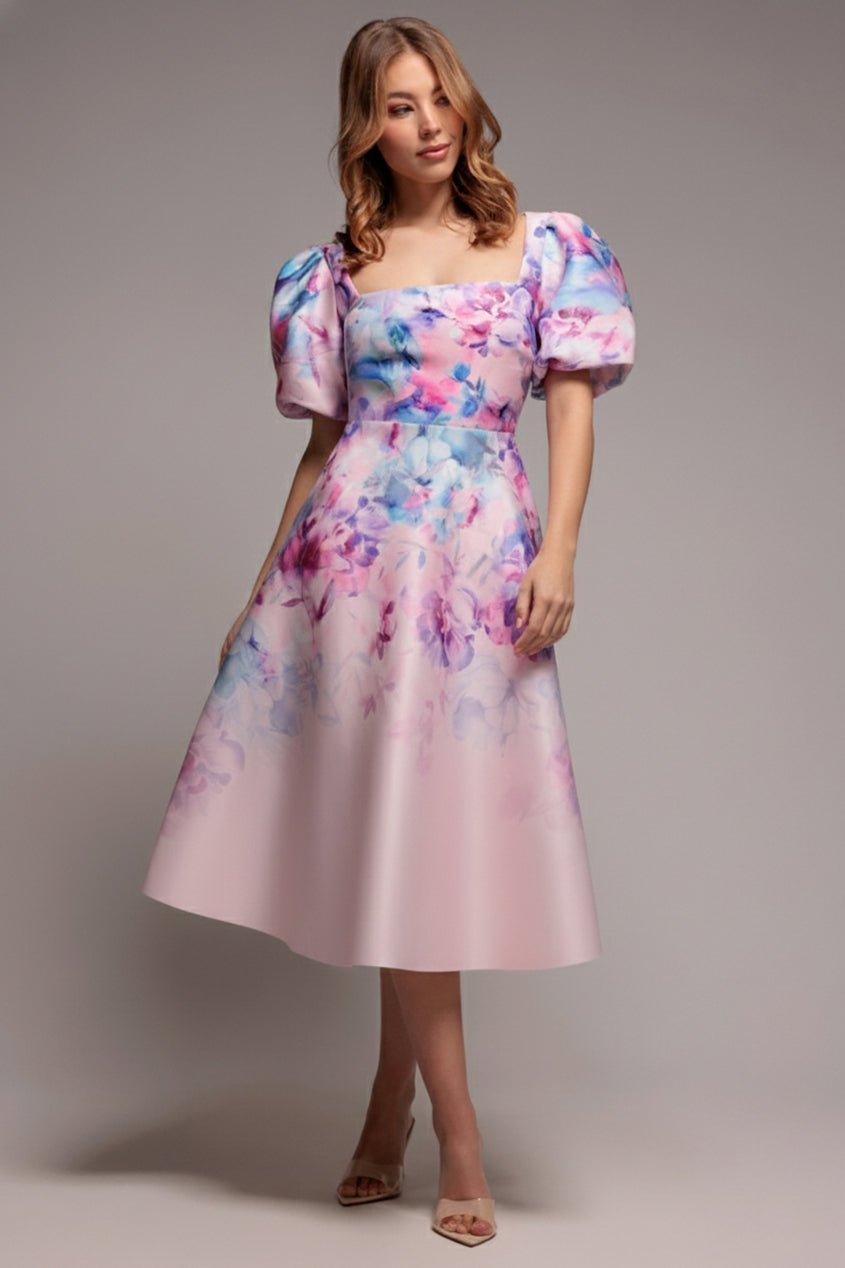 Goddiva Printed Scuba Square Neck Puff Sleeve Midi Dress – Blush Pink