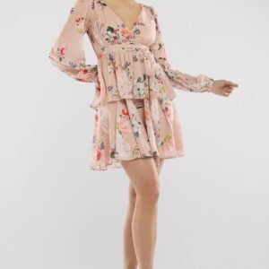 Goddiva Sustainable Tiered Wrap Floral Mini Dress - Peach Floral
