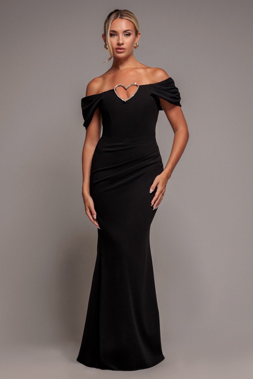 Goddiva Diamante Heart Trim Evening Maxi Dress – Black