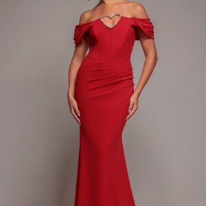 Goddiva Diamante Heart Trim Evening Maxi Dress - Red