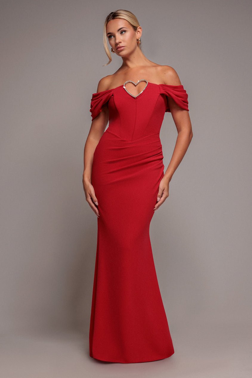 Goddiva Diamante Heart Trim Evening Maxi Dress – Red