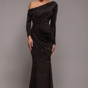 Goddiva Off The Shoulder Gathered Panel Sparkle Lurex Maxi Dress - Black Gold