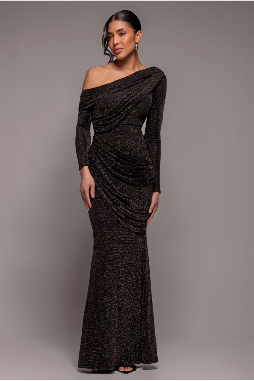 Goddiva Off The Shoulder Gathered Panel Sparkle Lurex Maxi Dress – Black Gold