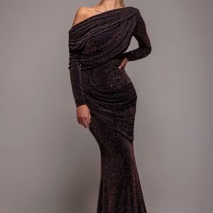 Goddiva Off The Shoulder Gathered Panel Sparkle Lurex Maxi Dress - Black Rose