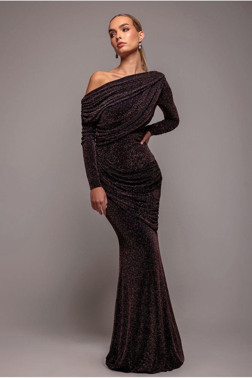 Goddiva Off The Shoulder Gathered Panel Sparkle Lurex Maxi Dress – Black Rose