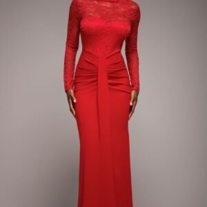 Goddiva Lace High Neck Sheer Bodice Long Sleeve Maxi Dress - Red