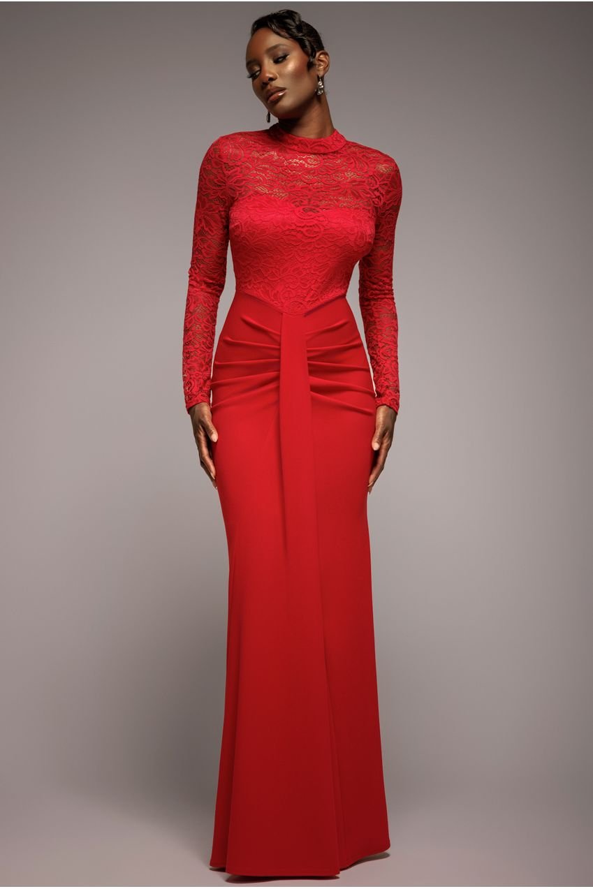 Goddiva Lace High Neck Sheer Bodice Long Sleeve Maxi Dress – Red