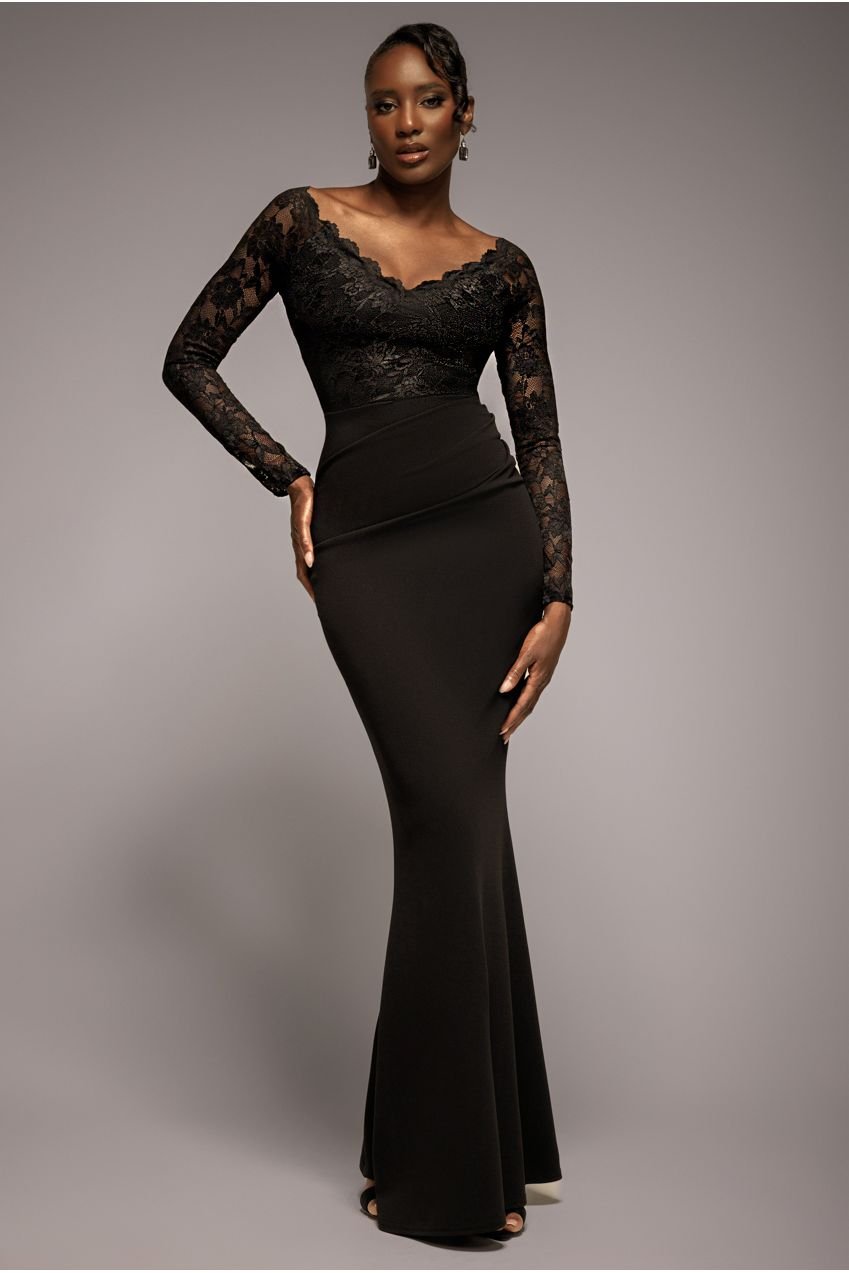 Goddiva Scalloped Lace Bodice Long Sleeve Bardot Maxi Dress – Black