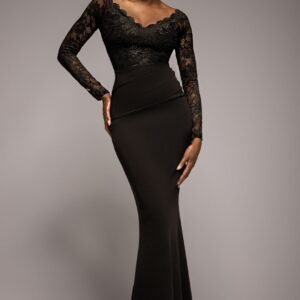 Goddiva Scalloped Lace Bodice Long Sleeve Bardot Maxi Dress - Black