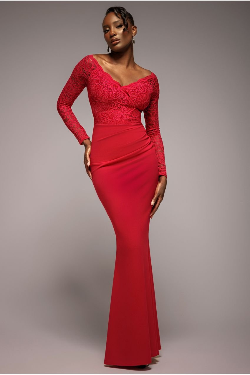 Goddiva Scalloped Lace Bodice Long Sleeve Bardot Maxi Dress – Red