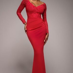 Goddiva Scalloped Lace Bodice Long Sleeve Bardot Maxi Dress - Red