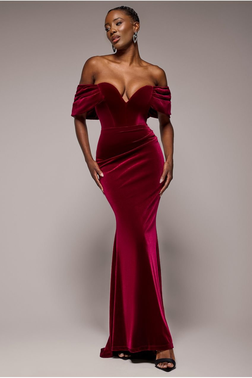 Goddiva Off The Shoulder Deep Plunge Velvet Maxi Dress – Burgundy