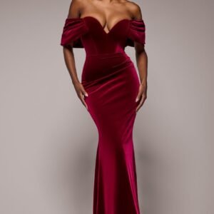 Goddiva Off The Shoulder Deep Plunge Velvet Maxi Dress - Burgundy