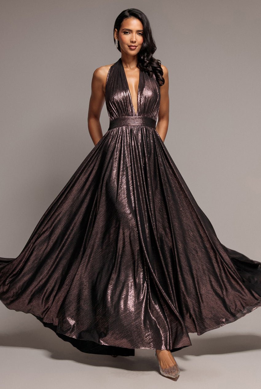 Goddiva Sunrise Foil Halterneck A-Line Maxi Dress – Bronze