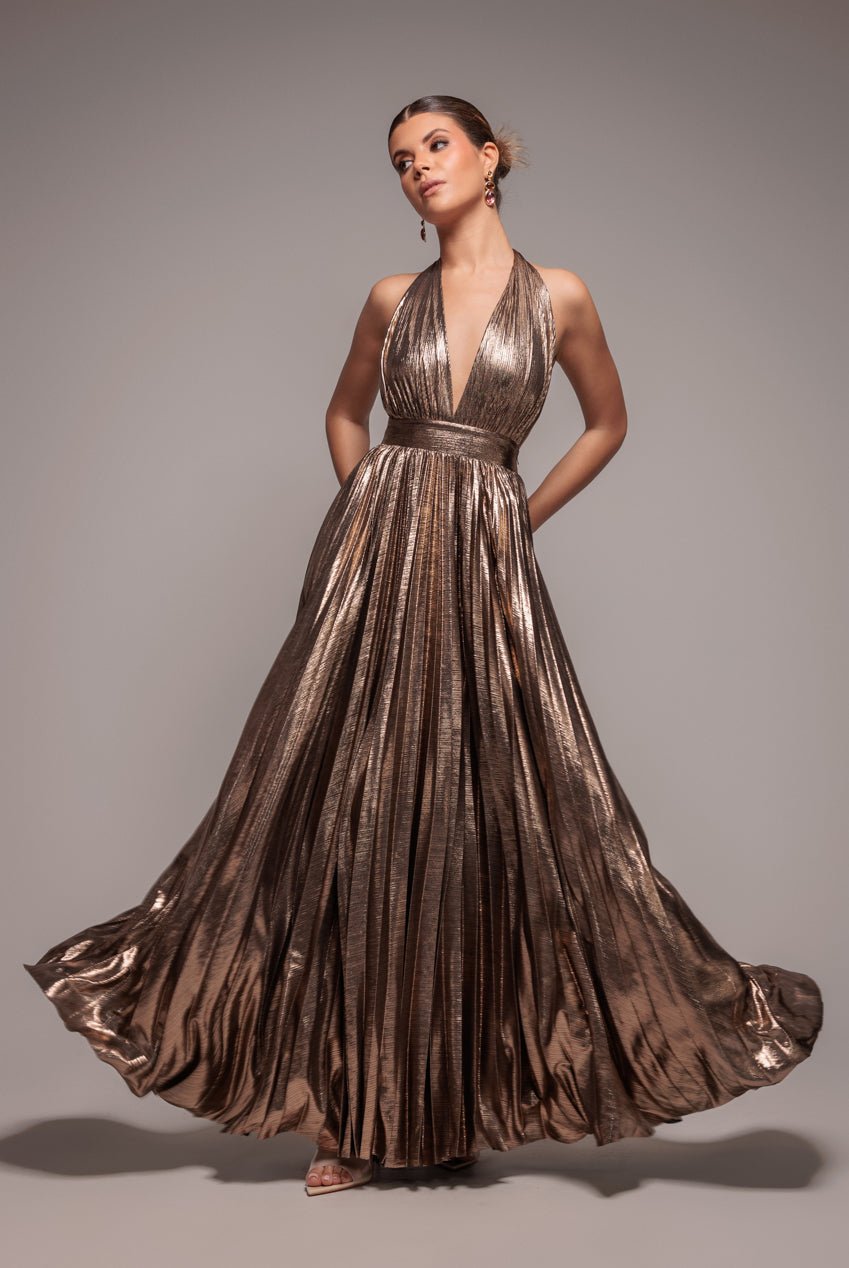 Goddiva Sunrise Foil Halterneck A-Line Maxi Dress – Gold