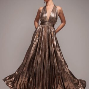 Goddiva Sunrise Foil Halterneck A-Line Maxi Dress - Gold