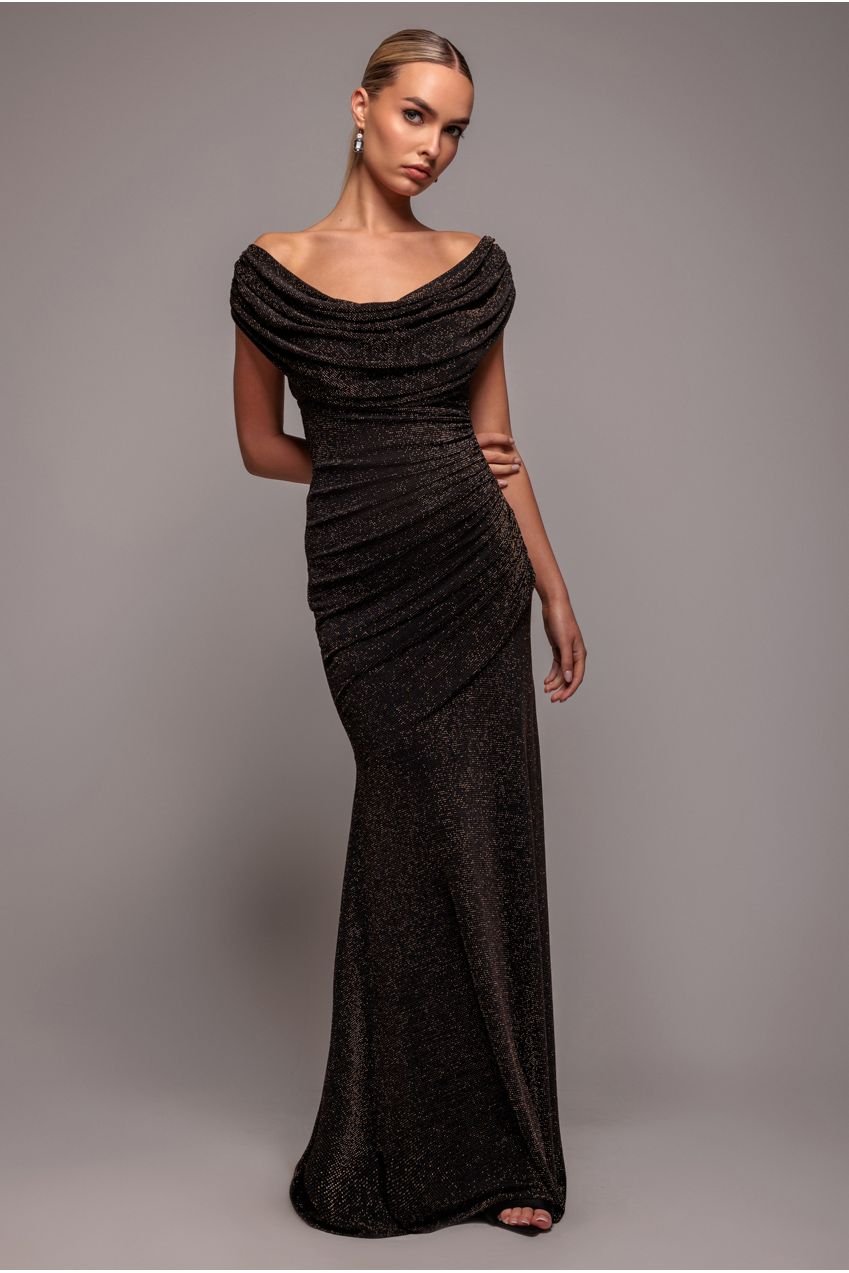 Goddiva Sparkle Lurex Cowl Neck Off The Shoulder Maxi Dress – Black Gold