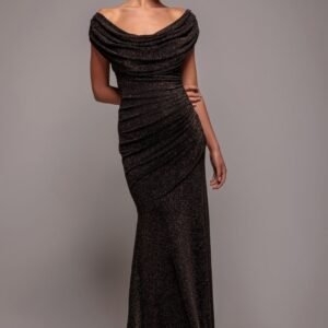 Goddiva Sparkle Lurex Cowl Neck Off The Shoulder Maxi Dress - Black Gold