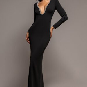 Goddiva Diamante Embellished Neck Bodycon Maxi Dress - Black