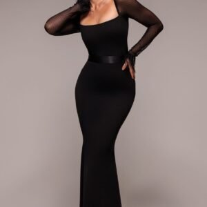 Goddiva Dobby Mesh Feather Sleeve Evening Maxi Dress - Black
