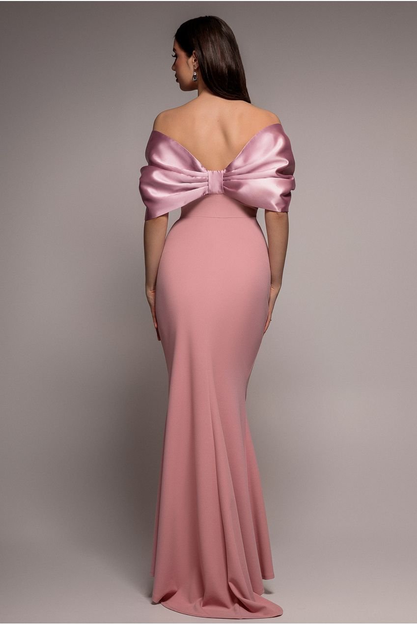 Goddiva Off Shoulder Back Satin Bow Scuba Maxi Dress  – Blush Pink