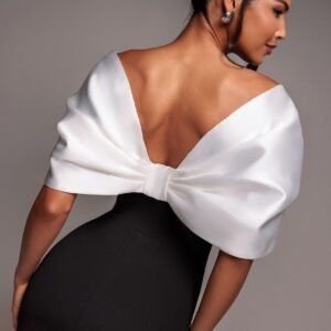 Goddiva Contrast Off Shoulder Back Satin Bow Scuba Maxi Dress – Black Cream