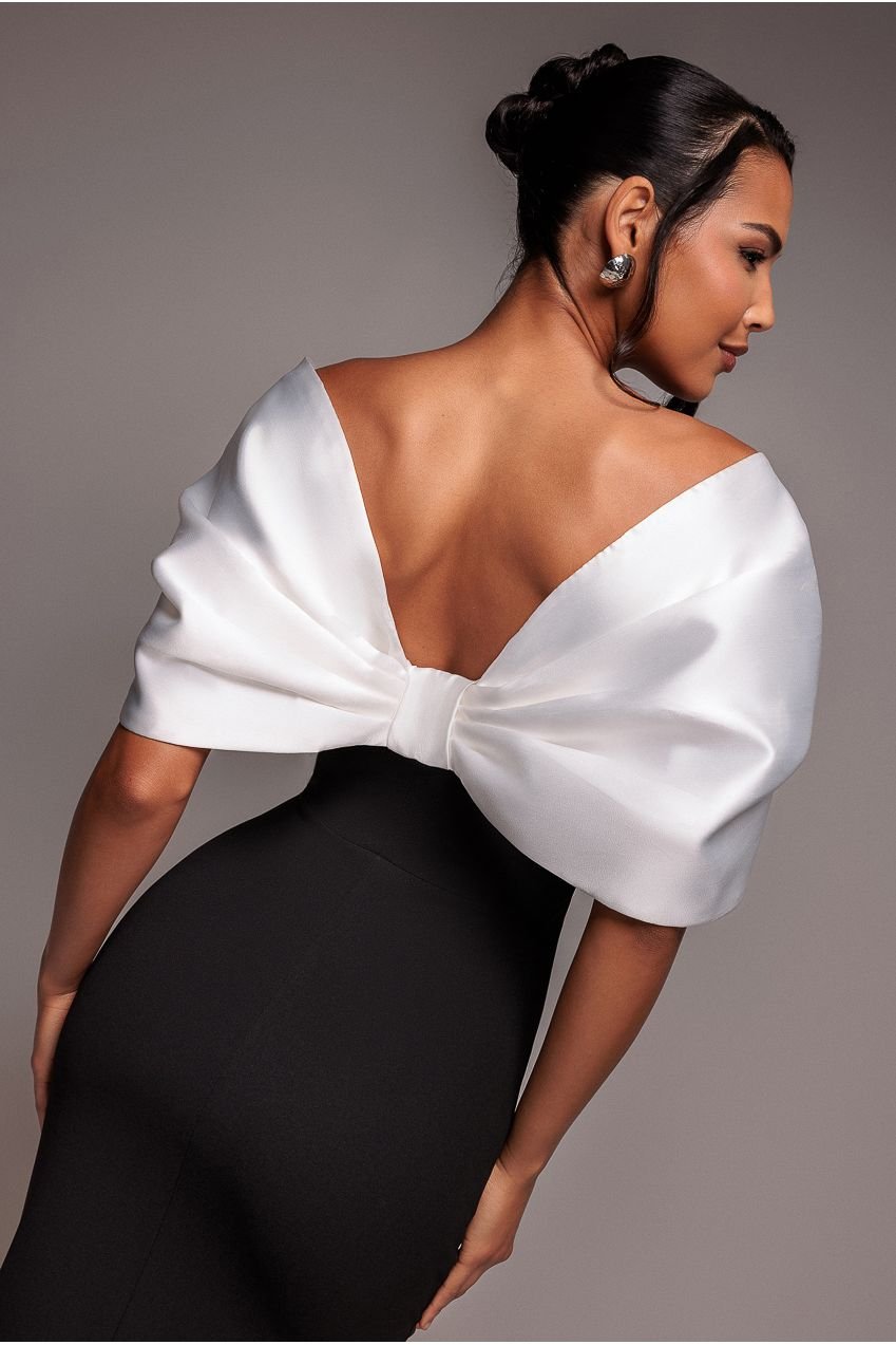 Goddiva Contrast Off Shoulder Back Satin Bow Scuba Maxi Dress – Black Cream