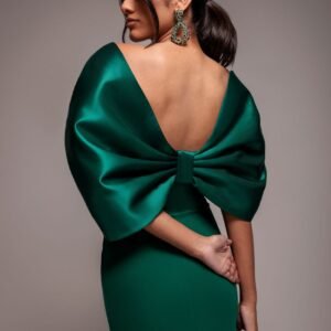 Goddiva Off Shoulder Back Satin Bow Scuba Maxi Dress - Emerald Green