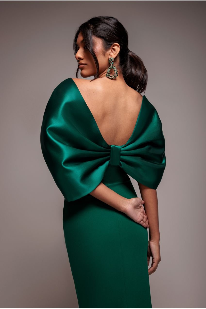 Goddiva Off Shoulder Back Satin Bow Scuba Maxi Dress – Emerald Green