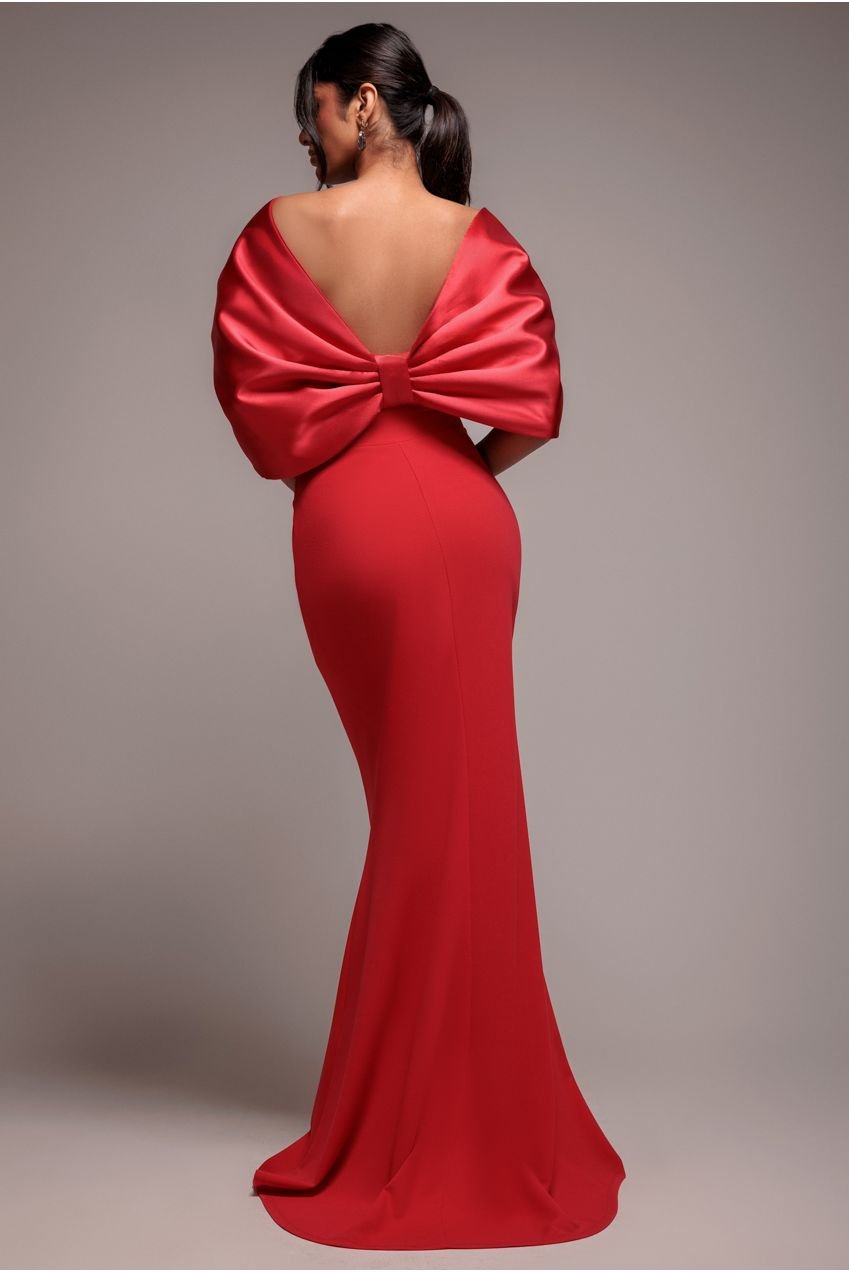 Goddiva Off Shoulder Back Satin Bow Scuba Maxi Dress – Red