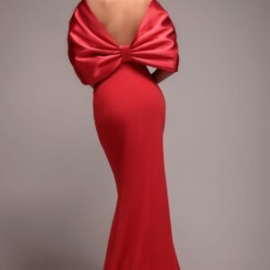 Goddiva Off Shoulder Back Satin Bow Scuba Maxi Dress - Red
