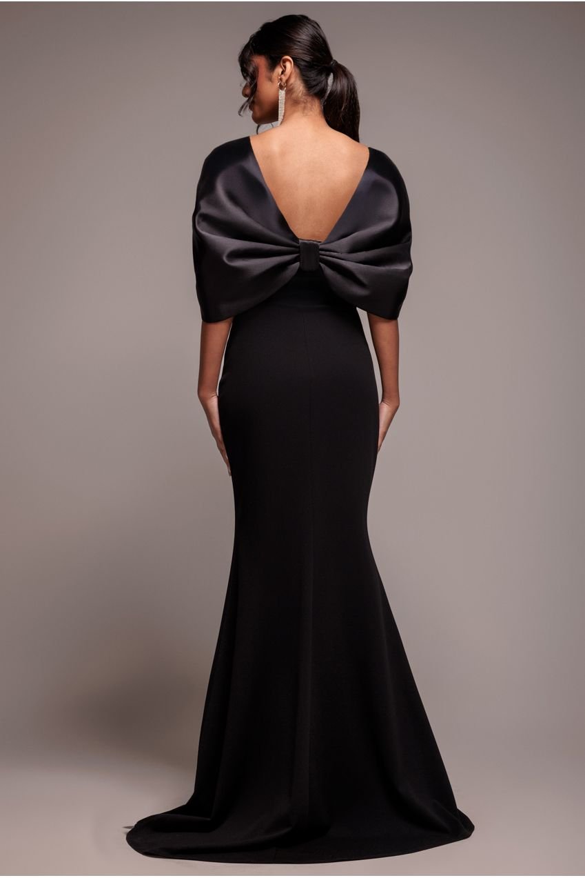 Goddiva Off Shoulder Back Satin Bow Scuba Maxi Dress – Black