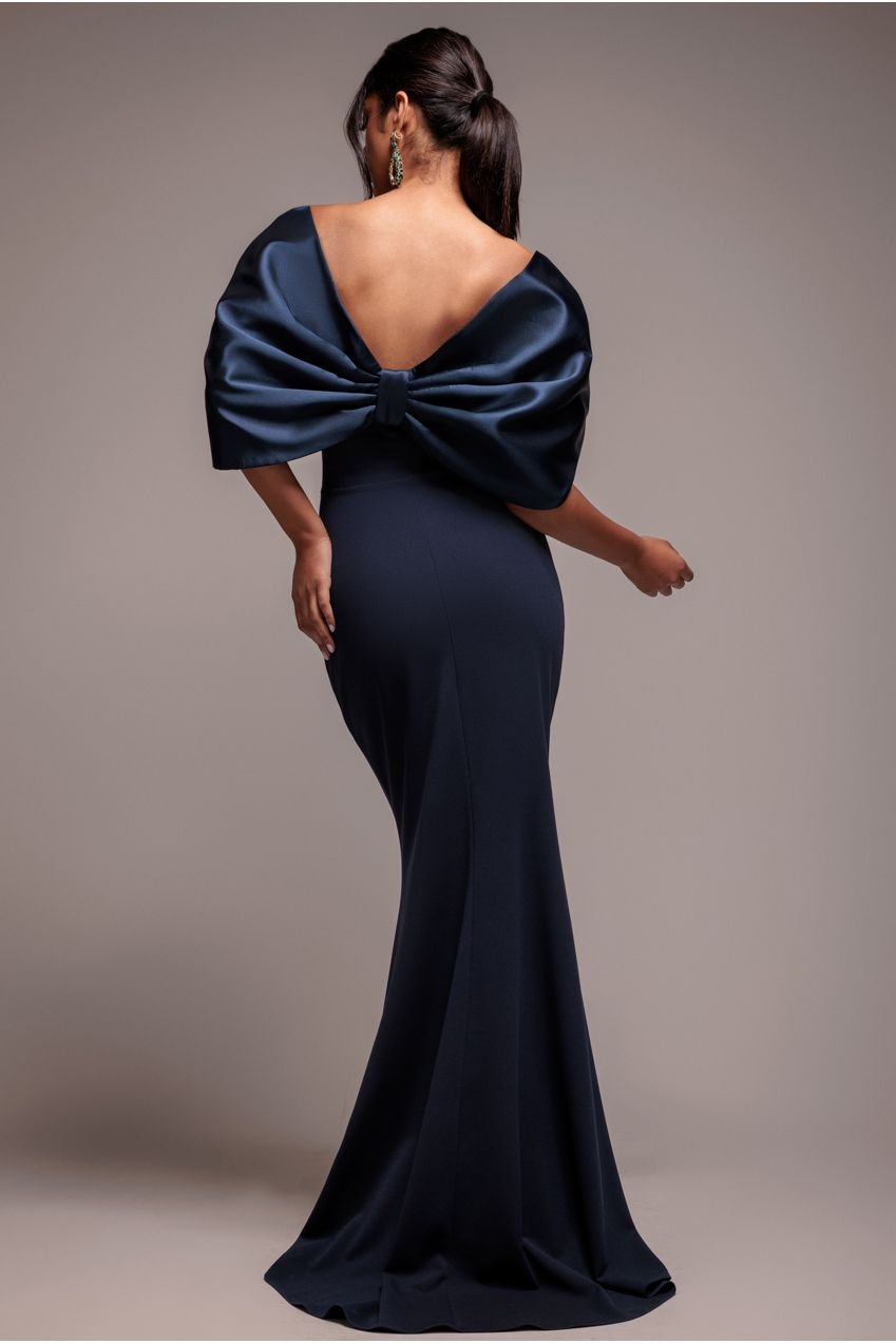 Goddiva Off Shoulder Back Satin Bow Scuba Maxi Dress – Navy Blue