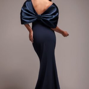 Goddiva Off Shoulder Back Satin Bow Scuba Maxi Dress - Navy Blue